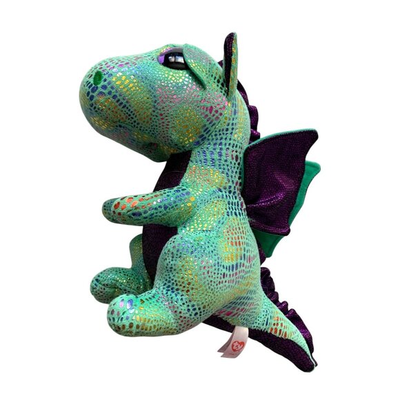 Ty Beanie Boos Medium 9 in Tall Green Dragon Cinder Stuffed Animal Toy Metallic - Picture 1 of 5